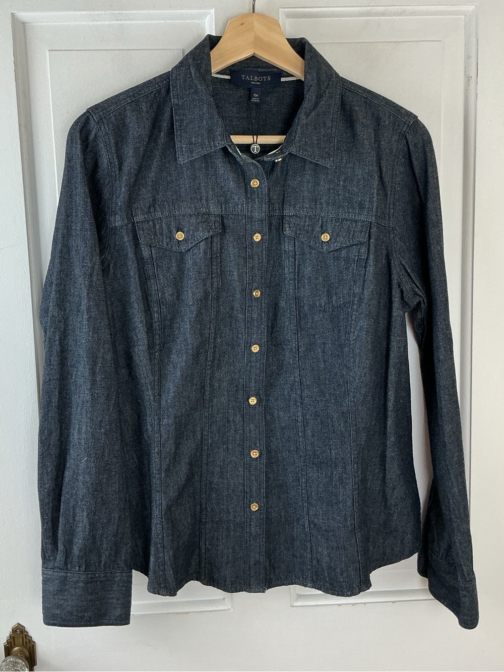 Talbots Denim Button Down Shirt Womens 10P Dark Wash Gold Buttons Long Sleeve